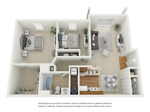 Floor plan for 2 beds, 1 bath, 933 sqft